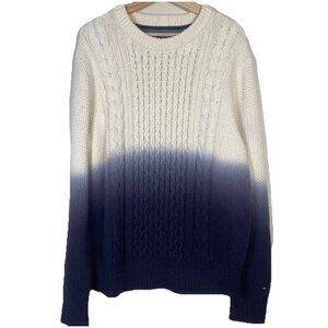 Tommy Hilfiger Men's L Dip-Dyed Fisherman Cable Knit Sweater Blue Ivory Preppy